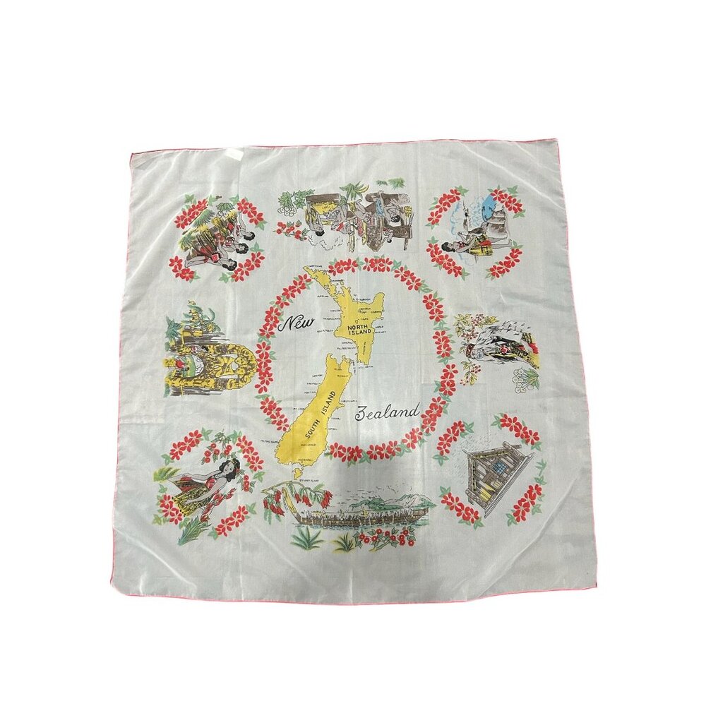 Vintage Dandy New Zealand Map Handkerchief Nylon Hand Printed Wrap Lightweight